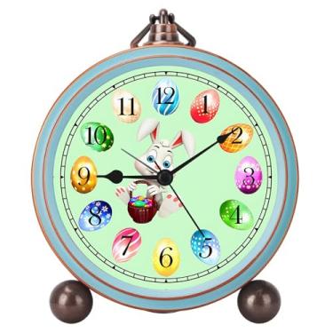 Imagem de Maxspace Relógio de mesa de metal com ovo de Páscoa fofo de 13,2 cm, movimento de quartzo, pequenos despertadores sem tique-taque com operado a bateria, relógio de mesa de coelho de vidro HD para