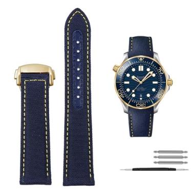 Imagem de AXPTI Pulseira de couro de nylon de alta densidade para Omega New Seamaster 300 Super Master AT150 Tecido de couro AQUA TERRA pulseira masculina 19mm 20mm (Cor: ouro amarelo azul, tamanho: 19mm)
