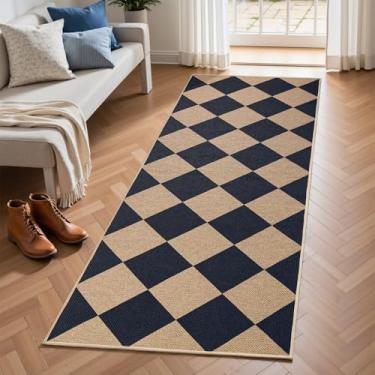 Imagem de EDIMENS Tapete quadriculado fácil de juta, tapete antiderrapante lavável para área de entrada, tapete para área de entrada, diamante de fazenda, para uso externo, corredor, corredor, preto