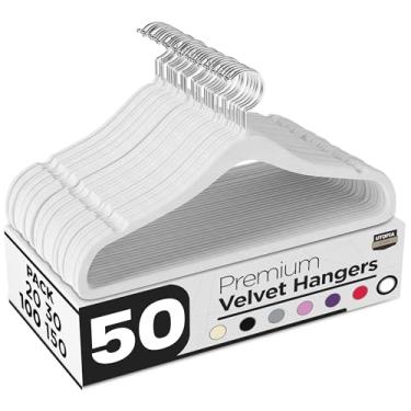 Imagem de Utopia Home Pacote com 50 cabides de veludo – cabides finos antiderrapantes de luxo para terno e casaco, cabides fortes que economizam espaço com barra para calças e gancho giratório de 360° - branco