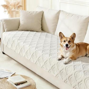 Imagem de Arfntevss Capa de sofá lavável de pelúcia para cães com 3 almofadas, para sofá felpudo, 3 assentos, antiderrapante (creme de pelúcia jacquard, 90 cm x 180 cm)