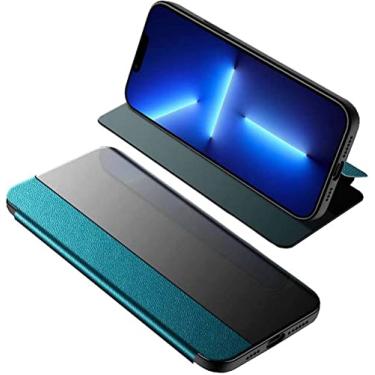 Imagem de FULNES Capa de telefone flip, para Apple iPhone 14 Plus 6,7 polegadas 2022 couro à prova de choque capa fólio de janela de visualização clara [Suporte] (Cor: ciano)