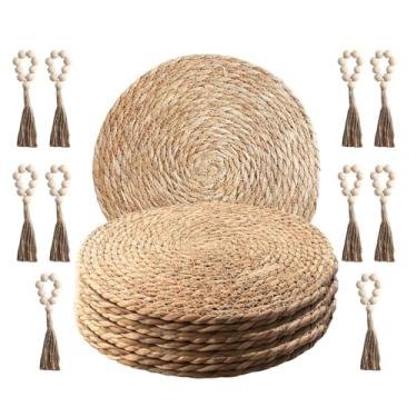 Imagem de ECOMAID Conjunto de 10 jogos americanos de tecido Boho com anéis de guardanapo de madeira, placas carregadoras redondas, tapetes de jantar ranttan natural para decoração de mesa de jantar - 35 cm