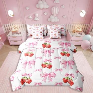 Imagem de Erosebridal Jogo de cama casal de 7 peças com laço rosa para meninas e mulheres, conjunto de edredom com estampa de laço romântico, estilo princesa sonhadora, para adolescentes e crianças