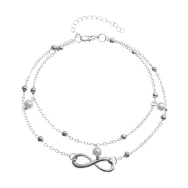 Imagem de Tornozeleira feminina elegante com contas de duas camadas prateadas – Presente para sua namorada