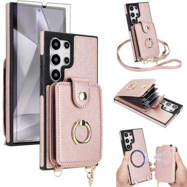 Imagem de Capa de celular para Samsung Galaxy S24 Ultra 5G capa carteira magnética destacável anel suporte alça transversal cordão compatível com bloqueio de RFID MagSafe S24Ultra para mulheres ouro rosa