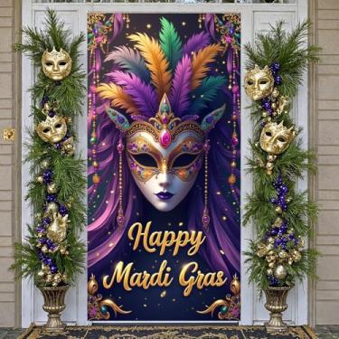Imagem de Mardi Gras Dooor Banner Purple Yellow Green Door Cover Happy Mardi Gras Party Decorations (Big Mask)