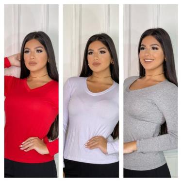 Imagem de Kit 3 gola v manga longa básica - GK TODA BELA, Vermelho, Cinza, Branc