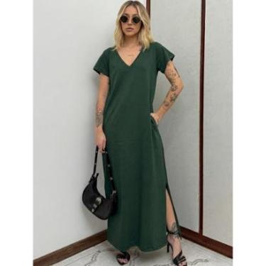 Imagem de Vestido Longo de Algodão com Bolso Decote V Verde Escuro-Feminino