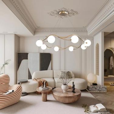 Imagem de Lustre de 8 lâmpadas com globos, estilo moderno de meados do século XX, modelo Sputnik, com acabamento em latão escovado e cúpula de vidro branco. Ideal para sala de jantar, cozinha, ilha de