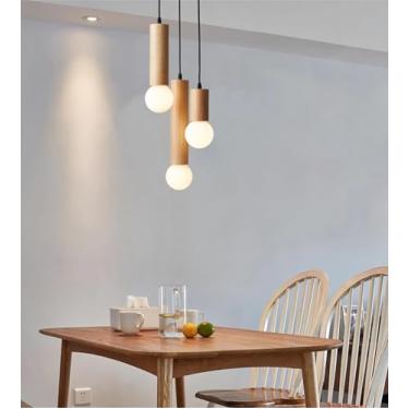 Imagem de Lustre de madeira com soquete E27, luminária pendente minimalista e moderna para mesa de jantar, escadas, sala de estar, sala de jantar, hall de entrada, altura ajustável (cor madeira, 3 lâm