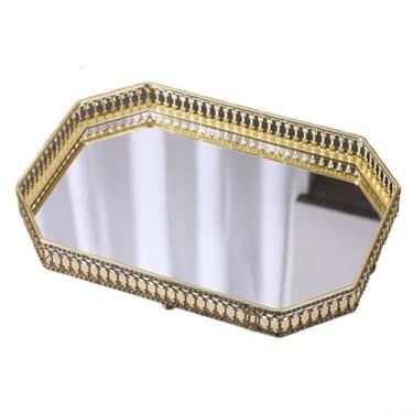 Imagem de Bandeja de espelho vintage de metal com organizador de joias decorativo de vidro para perfume, prato de armazenamento elegante para banheiro, quarto, sala de estar, mesa de café (D)