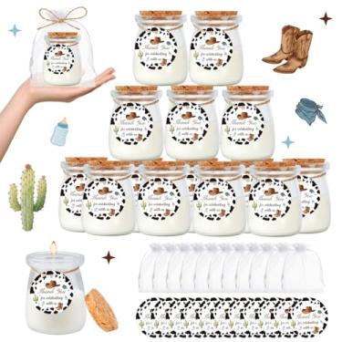 Imagem de 24 velas de chá de bebê, lembrancinhas de festa de caubói, frascos de vidro perfumado de lavanda, vela de cera a granel com cartões de agradecimento, sacos de organza para convidados, meninos, meninas