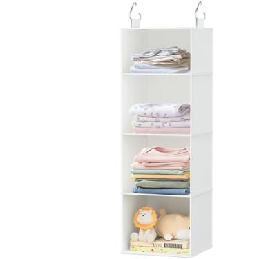 Imagem de Organizador de armário suspenso com prateleiras de bambu – Armário dobrável para roupas, toalhas, cachecóis, organizador de prateleiras que economizam espaço, sem necessidade de montagem (branco)