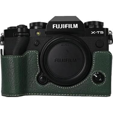 Imagem de Capa X-T5, capa BMAOLLONGB feita à mão de couro PU meia câmera versão abertura inferior para Fujifilm X-T5 XT5 com alça de mão (verde)