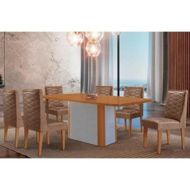 Imagem de Conjunto: Mesa Sala Jantar Pietá c/ Tampo Madeirado Canto Curvo 180x90cm e 6 Cadeiras Dafne Naturale/Off White - Corano Capuccino - Rufato