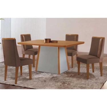 Imagem de Mesa Cozinha Tilia c/ Tampo Madeirado Canto Curvo 120x80cm e 4 Cadeiras Tilia Madeira Maciça Naturale/Off White - Capuccino/Suede Marrom-Rufato