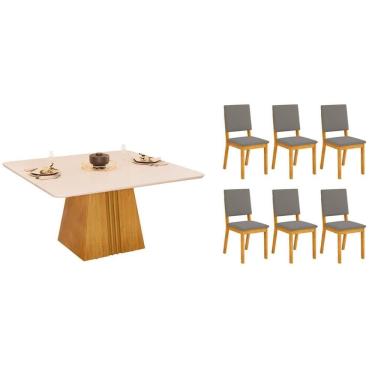 Imagem de Conjunto: Mesa de Cozinha Itália c/ Tampo Madeirado c/ Vidro Curvo 136x136cm e 6 Cadeiras Talia Cedro/Off White - Suede Lunar - DJ Móveis