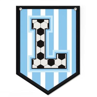 Imagem de Decoração de bandeira de futebol com letra L, decoração de quarto de meninos com nome bandeira de galhardete personalizada para meninos, decoração de arte de parede de berçário de esportes vintage