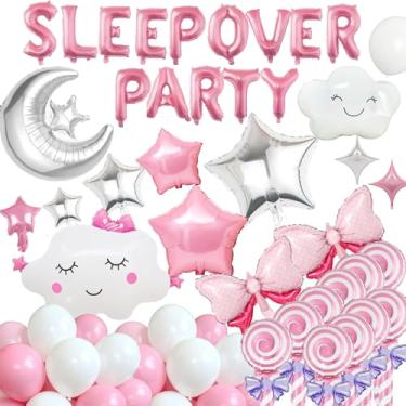 Imagem de Artigos de festa do pijama para meninas, 57 peças rosa fofo lua estrela laço balão banner para meninas pijama noite dormir sobre artigos de festa de aniversário