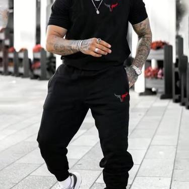 Imagem de Conjunto Camisa Calça Moletom Masculino Estampa Touro Street Style Est