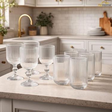 Imagem de Kit 12 peças Copos Taças Caneladas Conjunto Suco Agua 400ml Grande Vid