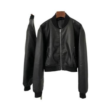 Imagem de Jaqueta Curta De Couro Estilo Retrô Feminina, Cor Sólida, Cardigã Com 