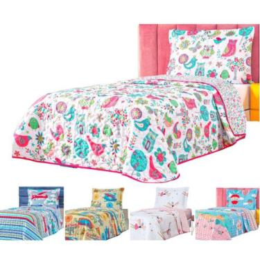 Imagem de Kit Colcha cama box solteiro infantil cobre leito dupla face cores mat