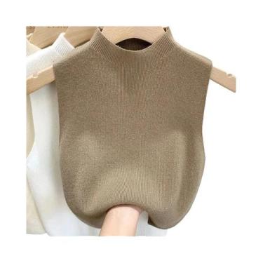 Imagem de Colete De Tricô Feminino Sem Mangas Com Gola Alta E Top Cropped Para P