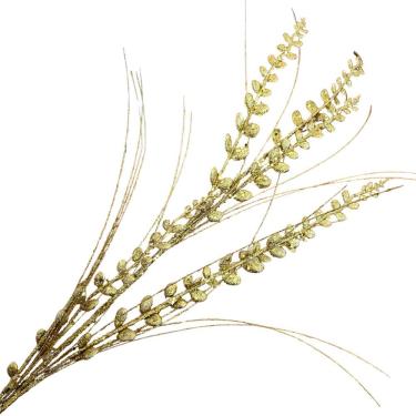 Imagem de Galho Decorativo Artificial Folhas Glitter Dourado 88cm para Arranjos com Brilho Tok da...