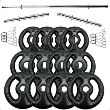 Imagem de Kit Anilhas Emborrachadas Preta 40 Kg + Barras com Presilhas-Unissex