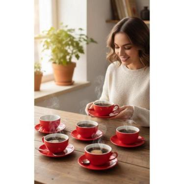 Imagem de Jogo Xícaras Chá Vermelhas 12 Peças Porcelana 160ml Coração - Congratu