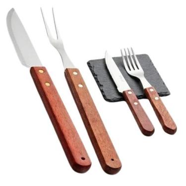 Imagem de Kit com Talheres para Churrasco 14 Peças Aço Inox com Cabo Madeira - P
