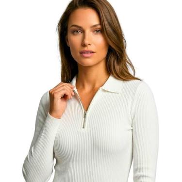 Imagem de Blusa Polo Feminina Canelada Manga Longa com Zíper Slim Fit Casual Con