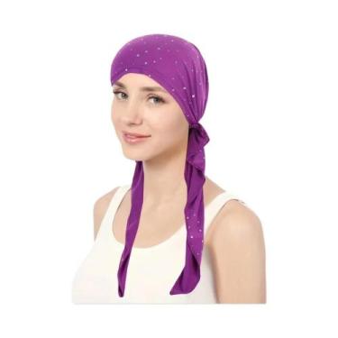 Imagem de Touca Turbante Feminina Elástica Com Strass De Cor Sólida, Gorro Casua