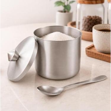 Imagem de Açucareiro Inox 300ml Porta Açúcar com Tampa e Colher Mesa Posta Café 
