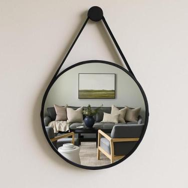 Imagem de Espelho Redondo Decorativo Suspenso Com Alça 50cm + Suporte Preto Alça
