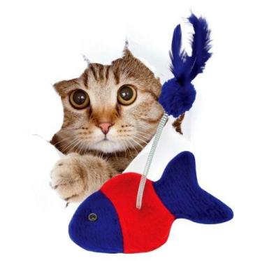 Imagem de Brinquedo arranhador peixinho azul com pompom e pena para gato  - SÃO 