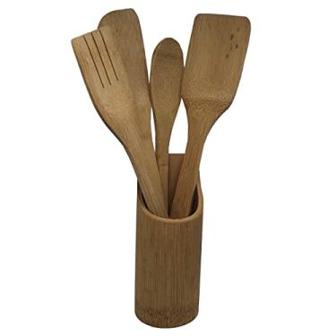 Imagem de 4 Utensílios de Bambu C/ Suporte, Espátulas, Colher e Garfo