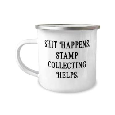 Imagem de Caneca de acampamento de sarcasmo para colecionar carimbos de 355 ml, Shit Happens. Ajuda na coleta de selos, presente para amigos, presentes especiais de