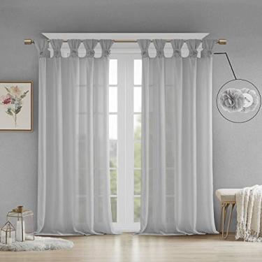 Imagem de Madison Park Rosette Floral Embellished Cuff Tab Top Solid Single Window Tratamentos Cortina Painel Drape para Quarto Sala de Estar e Dormitório, 127 x 213 cm, Cinza