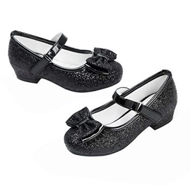 Imagem de Sapato feminino Mary Jane com glitter, salto baixo, princesa, flor, vestido de festa, sapato para crianças pequenas, Black Glitter, 12 Little Kid