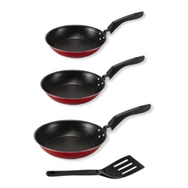Imagem de Kit 3 Frigideiras Francesa AntiAderente 16 18 20 com Espátula - Vermelha Não Gruda