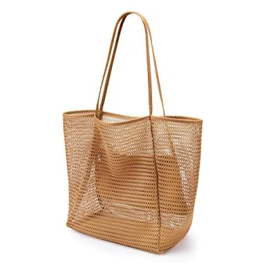 Imagem de KALIDI Sacola de malha de praia, bolsa casual feminina Hobo dobrável MAX 23L bolsa de ombro para férias na praia, piquenique, Kakhi #1, 23L