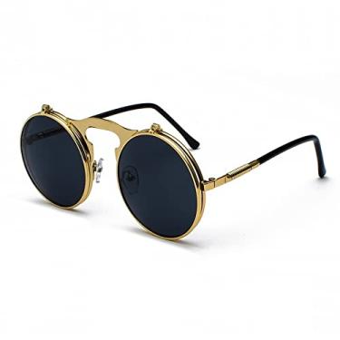 Imagem de Óculos de Sol Vintage Steampunk Flip Retro Redondo Armação de Metal Óculos de Sol para Homens Mulheres Designer Círculo Óculos Oculos,C1OuroPretoCinza,A