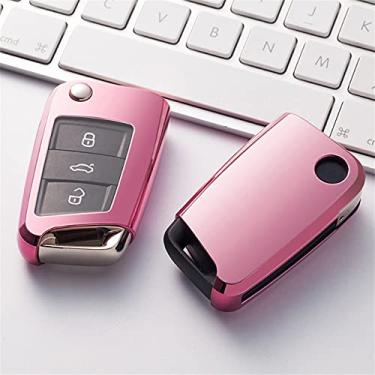 Imagem de CSHU TPU 3 botões Porta-chave inteligente para chave do carro Capa da chave do carro Capa do chaveiro Bolsa com chave, adequado para assento Leon Ibiza MK2 MK3 5F 6L 6J FR Ateca, rosa