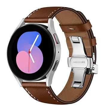 Imagem de Pulseiras de couro vintage genuíno para Samsung Galaxy Watch 3 (41 mm) Active (40 mm) 4/Active 2 (40 mm 44 mm) 4 Classic (42 mm 46 mm) Pulseira para Huawei GT2/3 (42 mm) GT3 Pro (43 mm), Botão Prata Marrom 20 mm
