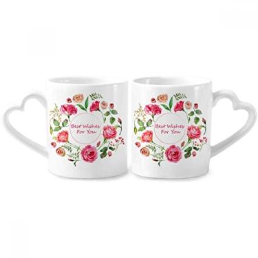 Imagem de Conjunto de canecas de porcelana para casais, flores e estampa de arbusto de rosas vermelhas com alça de coração