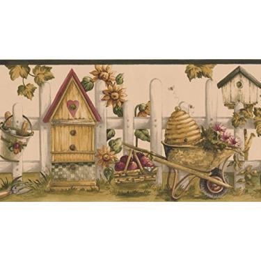 Imagem de Vintage Birdhouses girassóis ferramentas de jardinagem cerca de piquete de coco branco papel de parede borda design retrô, rolo 15' x 7''
