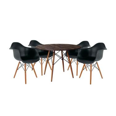 Imagem de Conjunto de Jantar Mesa Redonda Eiffel Eames em Madeira 90cm Amêndoa com 4 Poltronas Pretas